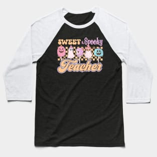 Sweet And Spooky Pink Groovy Halloween Teacher Baseball T-Shirt